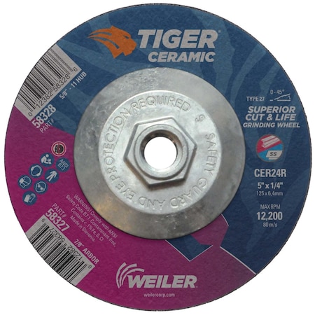 Weiler 5 in Dia, 1/4 in Thick, 5/8 in-11 UNC Arbor Hole Size, Ceramic, 24 Grit 58328